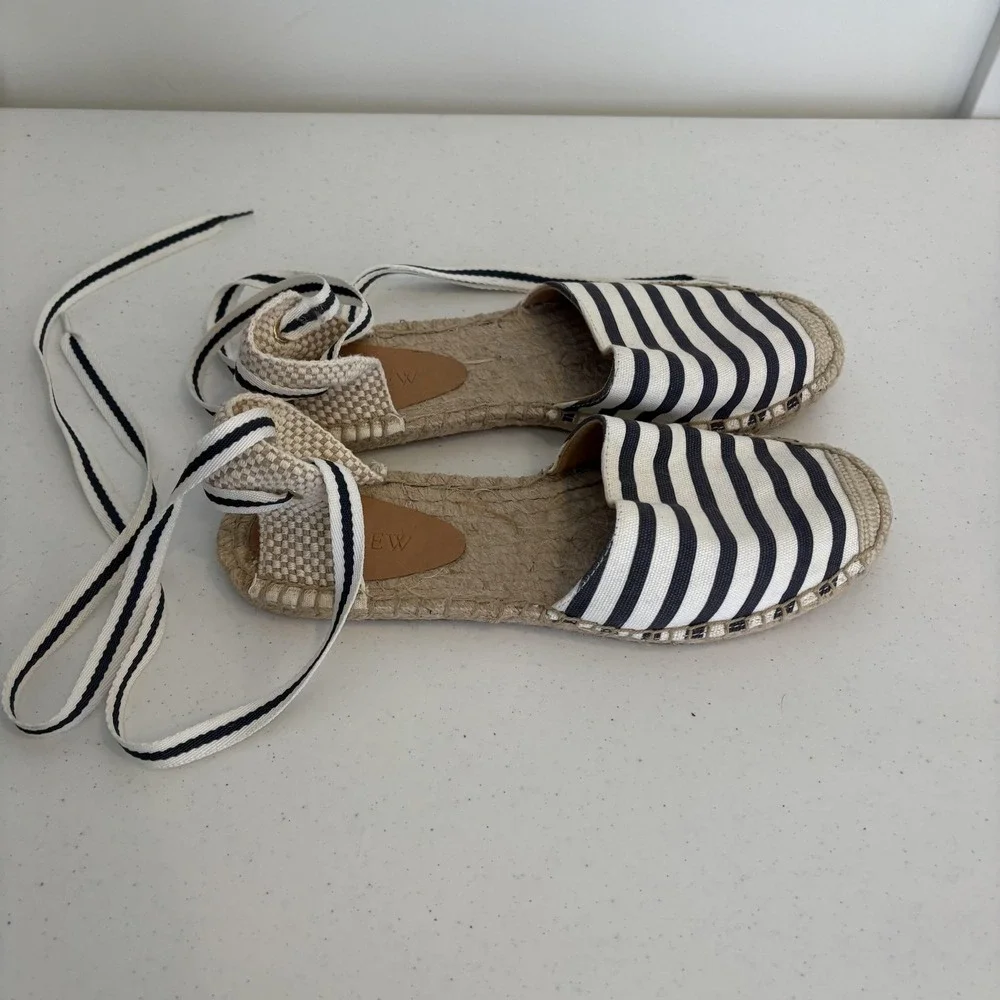 J Crew Shoes Womens Size 8 Navy Ivory‎ Espadrille Stripe Ankle Tie Flats Summer